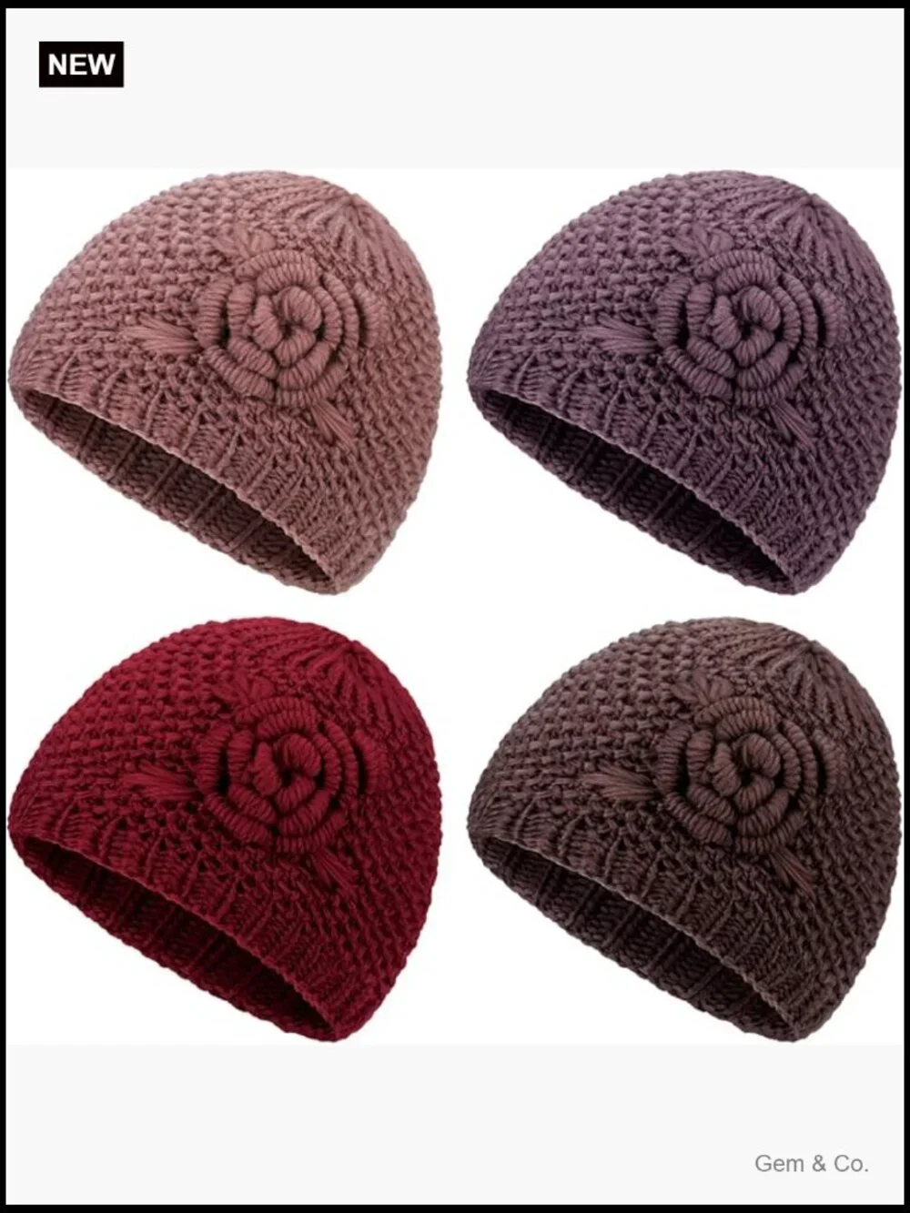 4 Pack Floral Knitted Beanies Winter Hats for Women Flannelette Lined